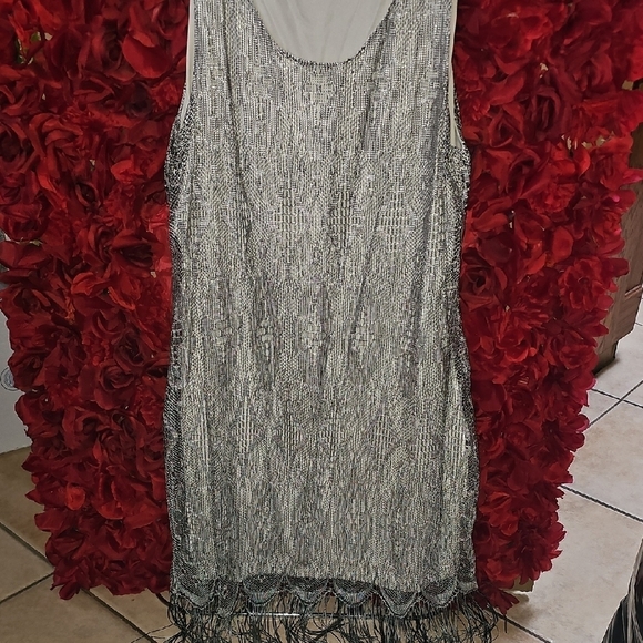 VENUS Dresses & Skirts - VENUS Women's Silver Lace Fringe Flapper Style Dress Size Xlarge